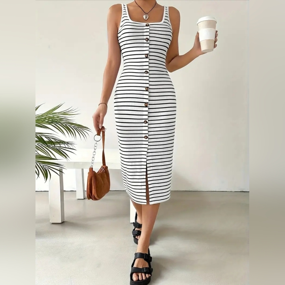 New Square Neck Striped Black and White Sleeveless Dress Size Small - Picture 1 of 5